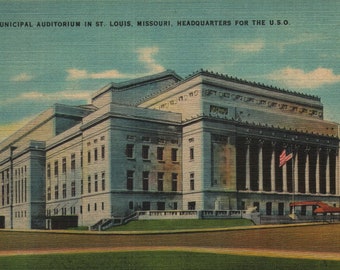 Vintage linnen ansichtkaart Nieuw gemeentelijk auditorium in het hoofdkantoor van St. Louis Missouri voor de USO jaren 40