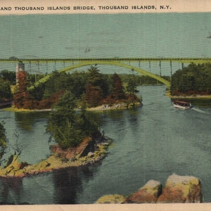 Carte postale vintage Lost Channel et pont des Mille-Îles New York des années 40