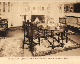 Vintage Real Photo Postcard The Parlor Wayside Inn South Sudbury Massachusetts 1940s
