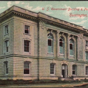 Carte postale vintage pré-lin Bâtiment du gouvernement américain et bureau de poste Huntington West Virginia années 1900