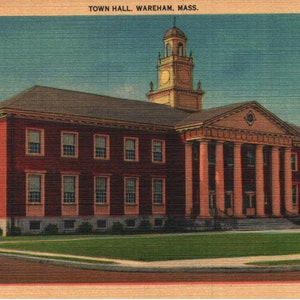 Vintage Linen Postcard Town Hall Plymouth Massachusetts 1940s