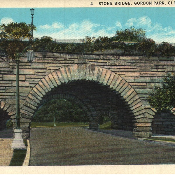 Vintage Pre-Linen Postcard Stone Bridge Gordon Park Cleveland Ohio 1931