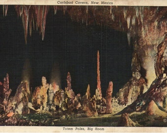 Vintage Early Linen Postcard Totem Poles Big Room Carlsbad Caverns New Mexico 1930s