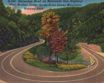 Vintage Linen Postcard Horseshoe Bend on Newfound Gap Highway Near Walker Camp North Carolina 1940s Great Smoky Mountains National Park