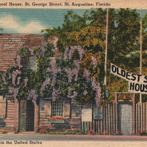 Carte postale en lin vintage Oldest School House St. George Street St Augustine Florida 1940s La plus vieille ville des États-Unis
