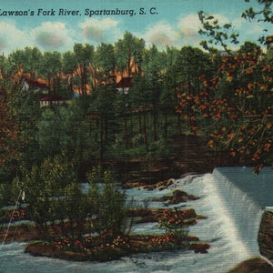 Vintage Early Linen Postcard Dam on Lawson&#39;s Fork River Spartanburg South Carolina 1930s