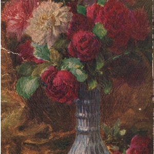 Cartão postal vintage pré-linho com flores em relevo em vasos, cartão Tuck dos anos 1920