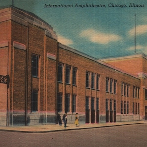 Carte postale vintage en lin International Amphitheatre Chicago Illinois années 40 - 50