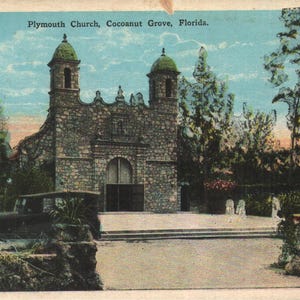 Cartão postal vintage pré-linho Igreja de Plymouth Cocoanut Grove Flórida década de 1920
