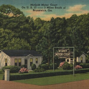 Vintage Leinen Postkarte McGriff Motor Court auf US 17 3 Meilen südlich von Brunswick Georgia 1940er Jahre - 1950er Jahre