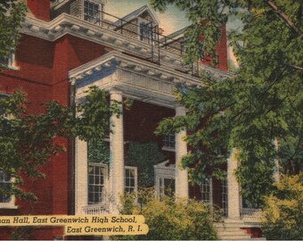 Vintage Linen Postcard Eastman Hall East Greenwich High School Rhode Island 1950s