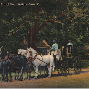 vintage Linen Postcard Colonial Coach et Four Williamsburg Virginia 1938