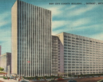 Vintage linen Postal New City County Building Detroit Michigan 1950s