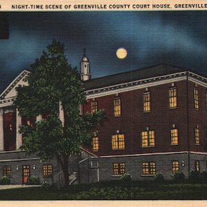 Vintage Linen Postcard Night Time Scene of County Court House Greenville South Carolina 1930s