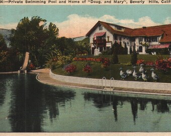 Vintage Pre-Linen Postcard Private Swimming Pool and Home of "Doug" and "Mary" Beverly Hills California 1920s Fairbanks and Pickford