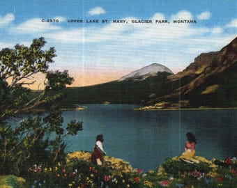 Vintage vroege linnen ansichtkaart Upper Lake St. Mary Glacier Park Montana 1930-1940