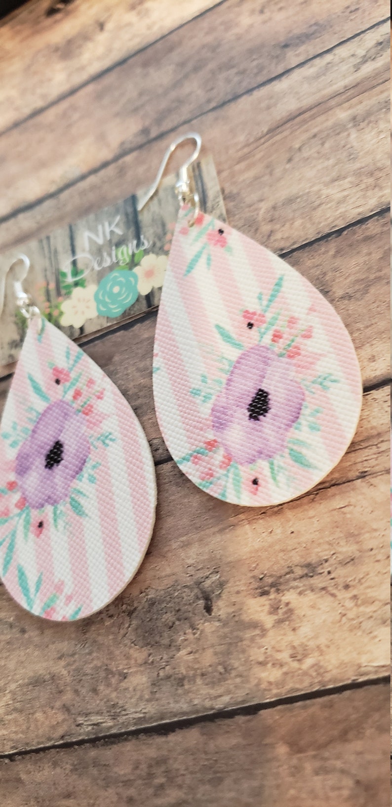 Pink Pin Stripe Floral Faux Leather Earrings
