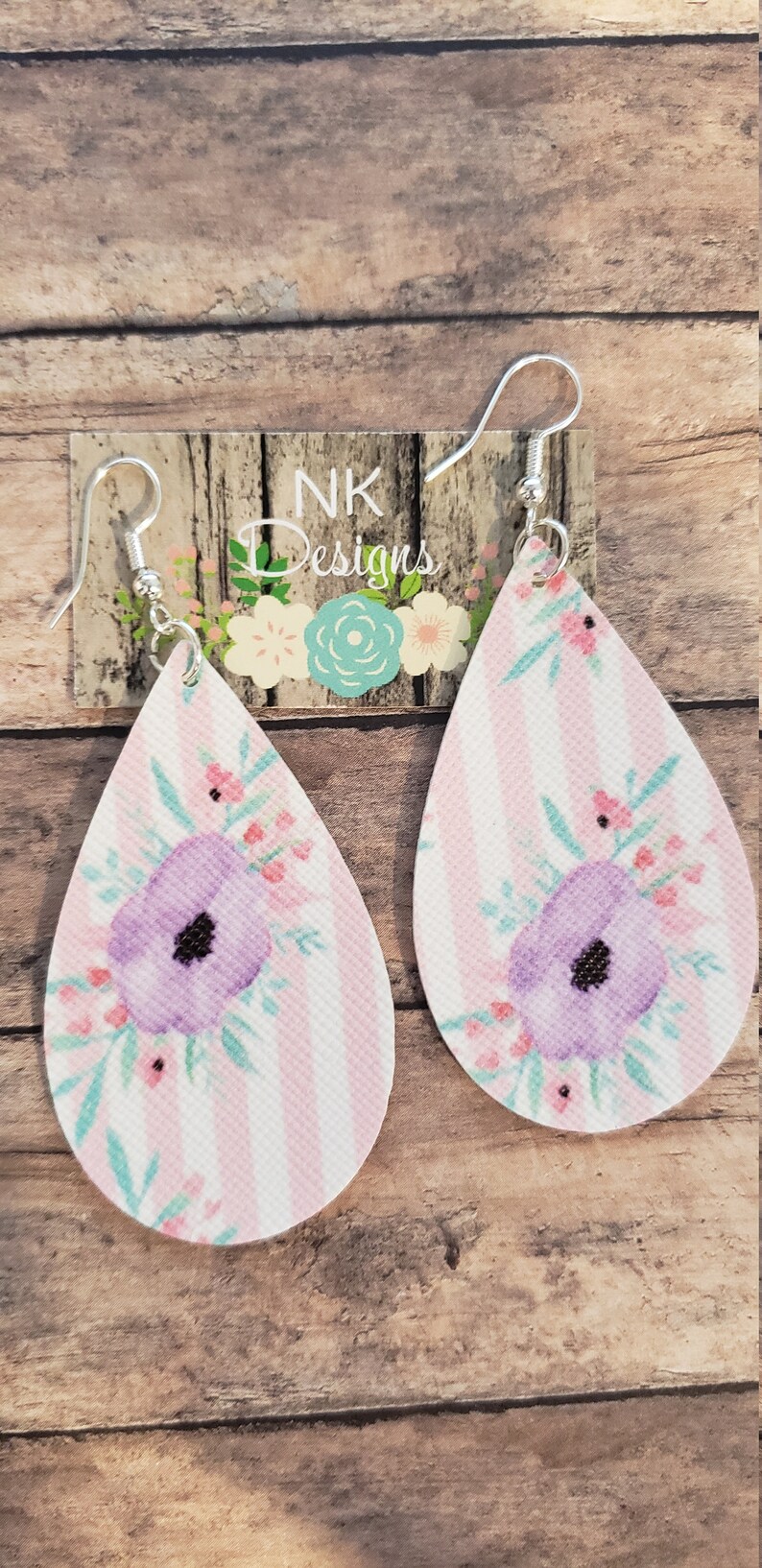 Pink Pin Stripe Floral Faux Leather Earrings