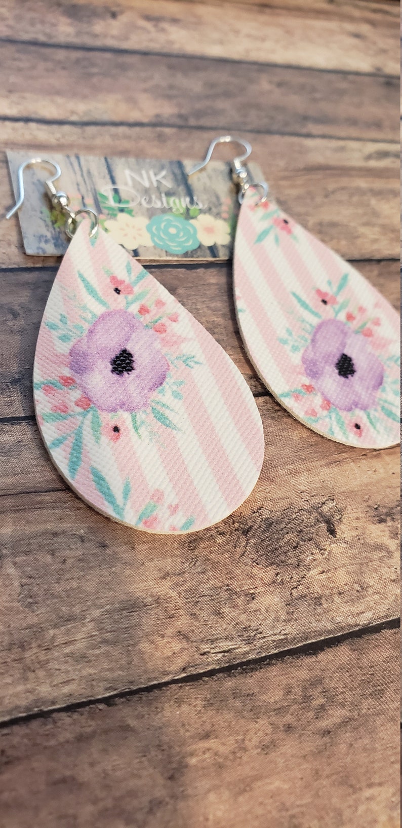 Pink Pin Stripe Floral Faux Leather Earrings