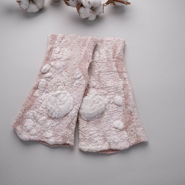 Rose pink fingerless gloves - Bridal pastel arm warmers - Handmade felted wool mittens