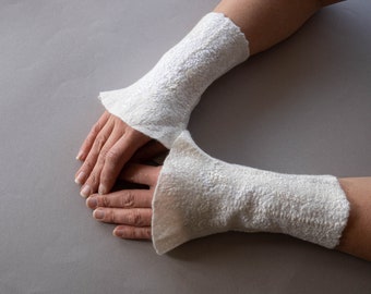 Handmade ivory fingerless gloves - Felted wool arm warmers - Natural creamy white bridal cuffs