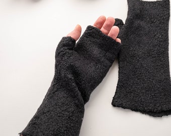 Black fingerless gloves for women - Handmade wool arm warmers - Felted woolen seamless mittens - Birthday gift for aunt