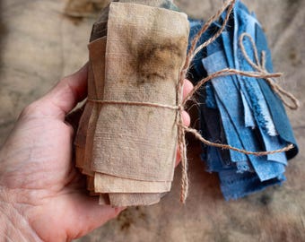 Plant Dyed Fabric Linen Scraps – Indigo Eco Print Squares for Sashiko, Mending, Quilting