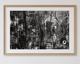 Impresión de arte tribal abstracto: Póster geométrico en blanco y negro (descarga instantánea)