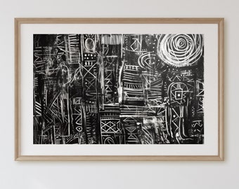 Impresión de arte tribal abstracto: Póster geométrico en blanco y negro (descarga instantánea)
