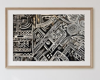 Impresión de arte tribal abstracto: Póster geométrico en blanco y negro (descarga instantánea)