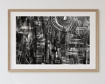 Impresión de arte tribal abstracto: Póster geométrico en blanco y negro (descarga instantánea)