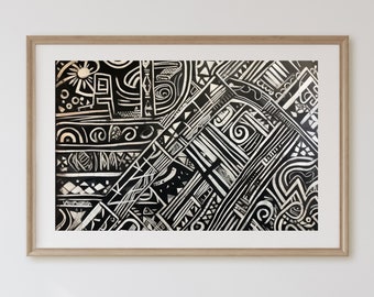 Impresión de arte tribal abstracto en blanco y negro (descarga instantánea)