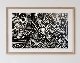 Impresión de arte tribal abstracto: Póster geométrico en blanco y negro (descarga instantánea)