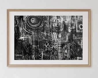 Impresión de arte tribal abstracto: Póster geométrico en blanco y negro (descarga instantánea)