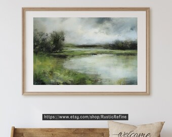 Soft Green Landscape Print: Muted Country Field Painting (Digital Download)
