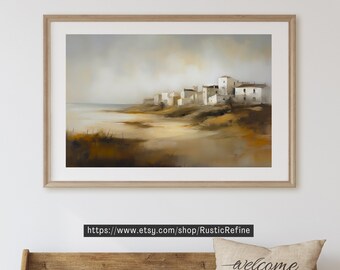 Moody Seascape Digital Art Print: Vintage Coastal Village (Instant Download)