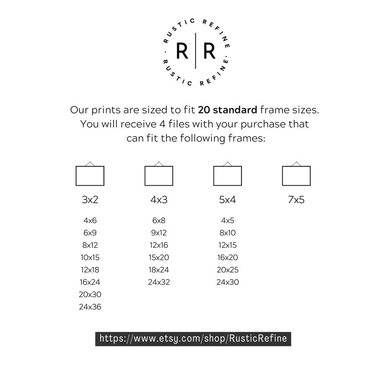 Op de afbeelding: Een witte achtergrond met zwarte tekst die luidt: "Onze prints zijn zo geformatteerd dat ze in 20 standaardlijstformaten passen. Je ontvangt 4 bestanden met je aankoop die in de volgende lijsten passen:" Er zijn vier kolommen met getallen die lijstformaten voorstellen. De eerste kolom is gelabeld "3x2" en bevat de volgende formaten: 4x6, 6x9, 8x12, 10x15, 12x18, 16x24, 20x30, 24x36. De tweede kolom is gelabeld "4x3" en bevat de volgende formaten: 6x8, 9x12, 12x16, 15x20, 18x24, 24x32. De derde kolom is gelabeld "5x4" en bevat de volgende formaten: 4x5, 8x10, 12x15, 16x20, 20x25, 24x30. De vierde kolom is gelabeld "7x5". Onder de tabel staat een link naar de Etsy-winkel: https://www.etsy.com/shop/RusticRefine