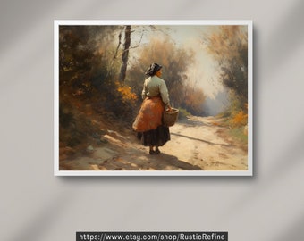 Lámina vintage de campo: Mujer caminando, paisaje rústico (descarga digital)