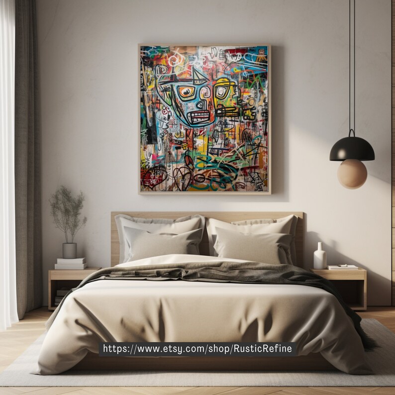 May include: A colorful abstract painting with a large, cartoon-like face in the center. The painting is framed and hanging on a wall above a bed with beige linens.