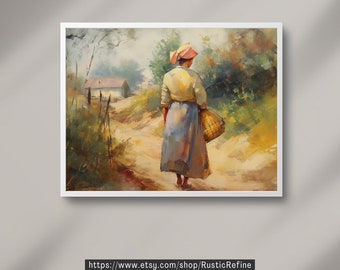 Impresión de paisaje vintage: Mujer caminando por el campo (descarga digital)