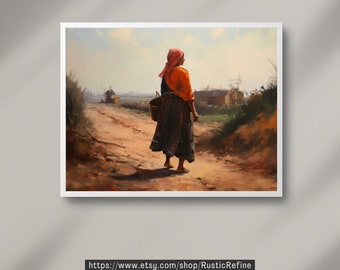 Impresión vintage de campo: Paisaje rústico de mujer (descarga digital)