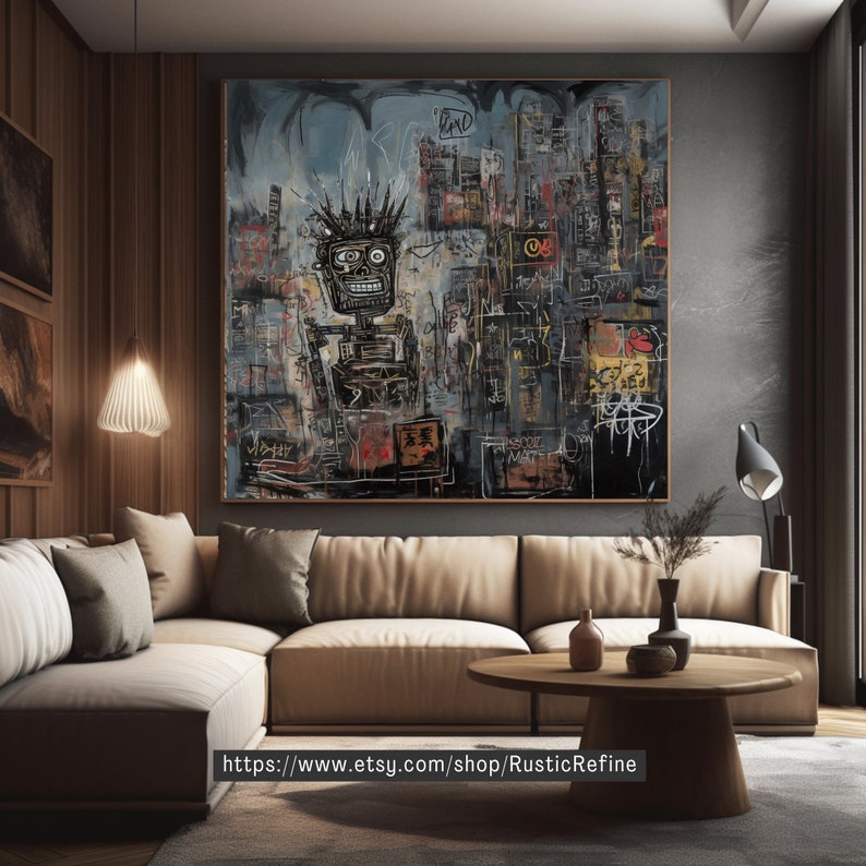 Puede incluir: Una pintura abstracta en blanco y negro con una figura rob&oacute;tica en el centro. La pintura est&aacute; llena de grafitis y texto coloridos, incluyendo la palabra "LOVE" y la frase "SCHOOL MART."