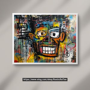 Op de afbeelding: Abstracte schildering van een gezicht met felle kleuren en zwarte contouren. Het gezicht is geschilderd in een stijl die doet denken aan graffitikunst. De achtergrond is een mix van kleurrijke vormen en lijnen.