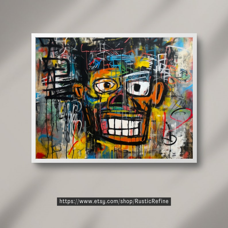 Op de afbeelding: Abstracte schildering van een gezicht met felle kleuren en zwarte contouren. Het gezicht is geschilderd in een stijl die doet denken aan graffitikunst. De achtergrond is een mix van kleurrijke vormen en lijnen.