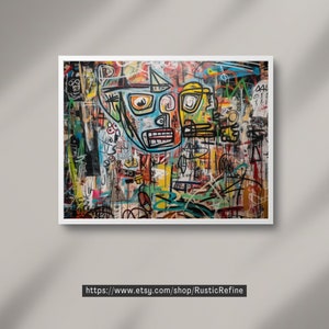 May include: Abstract art print featuring a colorful and chaotic design with a prominent black and blue face in the center. The artwork is filled with various shapes, lines, and symbols in a vibrant palette of red, yellow, green, blue, and black.