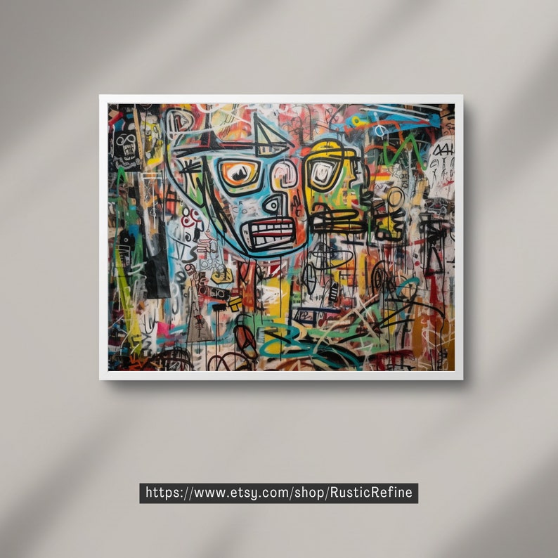 May include: Abstract art print featuring a colorful and chaotic design with a prominent black and blue face in the center. The artwork is filled with various shapes, lines, and symbols in a vibrant palette of red, yellow, green, blue, and black.