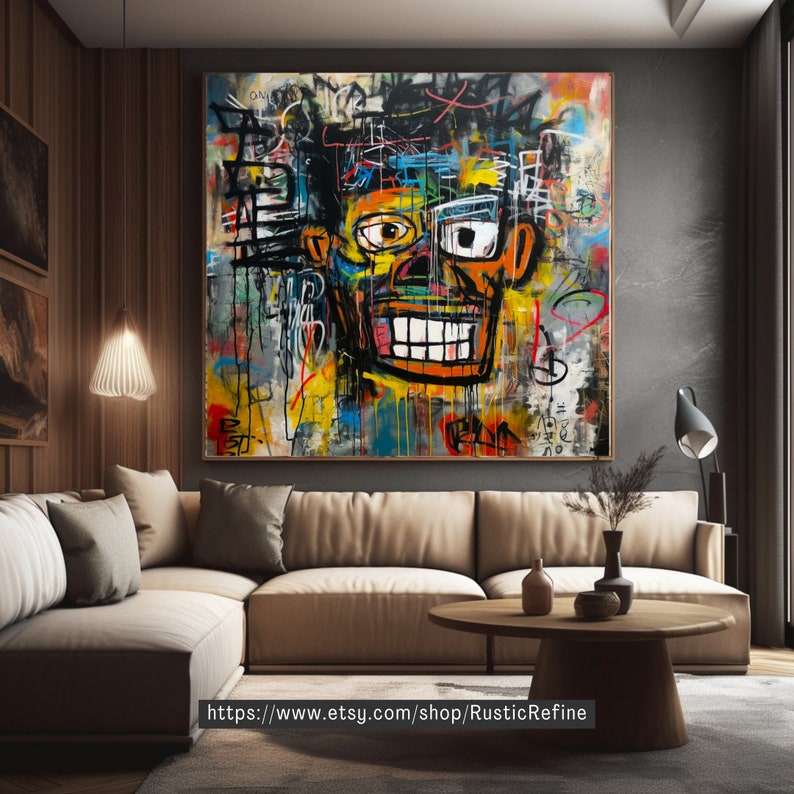 Op de afbeelding: Abstracte schilderij van een kleurrijk gezicht met een brede glimlach. Het schilderij is gemaakt in graffiti-stijl met dikke lijnen en felle kleuren. De achtergrond is een mix van zwart, wit en grijs.