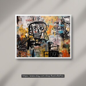 Peut inclure: Une peinture abstraite color&eacute;e avec une figure de cr&acirc;ne noir et blanc au centre. La peinture est pleine de couleurs et de textures audacieuses, notamment le jaune, l'orange, le rouge, le bleu, le vert et le noir. La figure du cr&acirc;ne est entour&eacute;e d'une vari&eacute;t&eacute; de formes et de lignes abstraites.