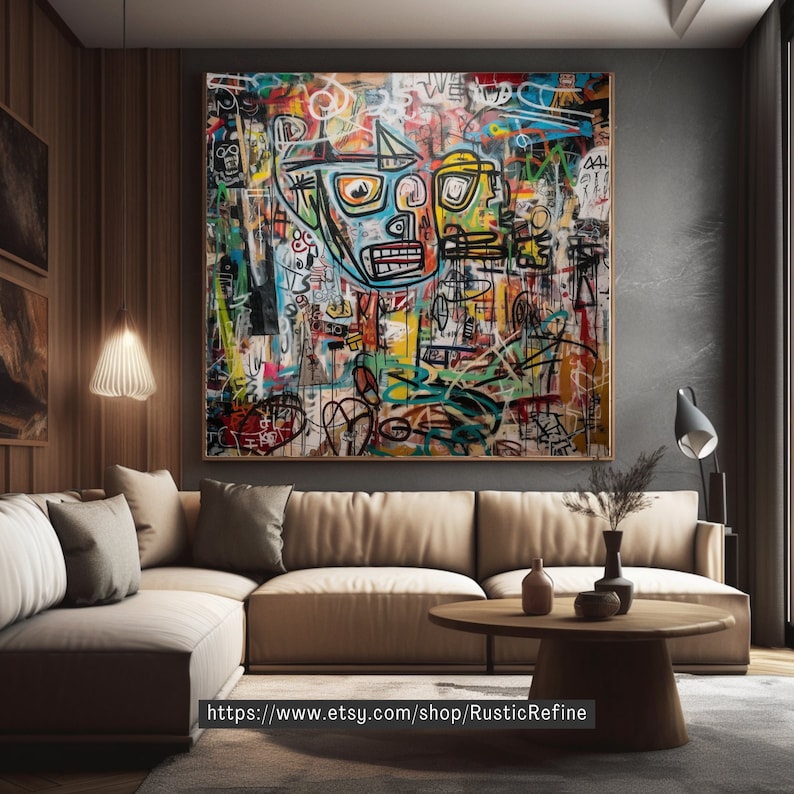 May include: Abstract art print featuring a colorful, graffiti-style design with a central figure resembling a face. The artwork is framed and displayed on a wall above a couch in a modern living room.
