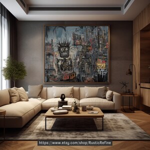 Puede incluir: Una gran pintura abstracta con una figura en blanco y negro en el centro. La pintura est&aacute; en una sala de estar moderna con un sof&aacute; seccional beige y una mesa de caf&eacute; de madera.